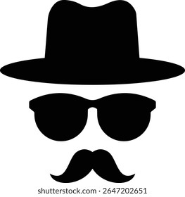 Gentleman icon. Man wears glasses with hat and mustache black vector design. Secret agent icon in a hat and glasses mustache isolated on transparent background. Vector illustration.