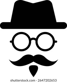 Gentleman icon. Man wears glasses with hat and mustache black vector design. Secret agent icon in a hat and glasses mustache isolated on transparent background. Vector illustration.