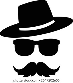 Gentleman icon. Man wears glasses with hat and mustache black vector design. Secret agent icon in a hat and glasses mustache isolated on transparent background. Vector illustration.