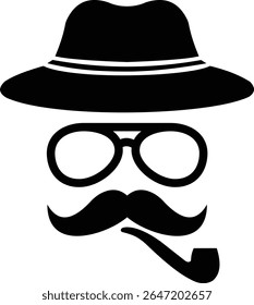Gentleman icon. Man wears glasses with hat and mustache black vector design. Secret agent icon in a hat and glasses mustache isolated on transparent background. Vector illustration.