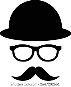 Gentleman icon. Man wears glasses with hat and mustache black vector design. Secret agent icon in a hat and glasses mustache isolated on transparent background. Vector illustration.