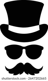 Ícone de cavalheiro. O homem usa óculos com chapéu e design de vetor preto bigode. Ícone de agente secreto em um bigode de chapéu e óculos isolado no fundo transparente. Ilustração vetorial.