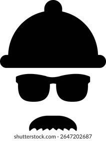 Gentleman icon. Man wears glasses with hat and mustache black vector design. Secret agent icon in a hat and glasses mustache isolated on transparent background. Vector illustration.