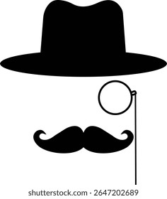 Gentleman icon. Man wears glasses with hat and mustache black vector design. Secret agent icon in a hat and glasses mustache isolated on transparent background. Vector illustration.