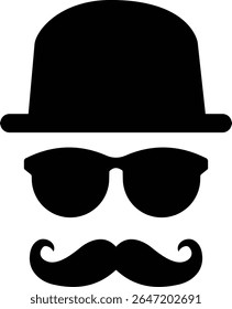 Gentleman icon. Man wears glasses with hat and mustache black vector design. Secret agent icon in a hat and glasses mustache isolated on transparent background. Vector illustration.