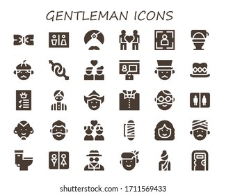 gentleman icon set. 30 filled gentleman icons. Included Bow tie, Wc, Man, Couple, Portrait, Toilet, Gender, Profile, Gentleman, Top hat, Woman, Bathroom, Barber, Invisible man icons
