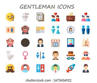 gentleman icon set. 30 flat gentleman icons. Included monocle, toilet, profiles, couple, bathroom, beard, profile, men, woman, barbershop, suit, female, toilets, man, hat and glasses icons
