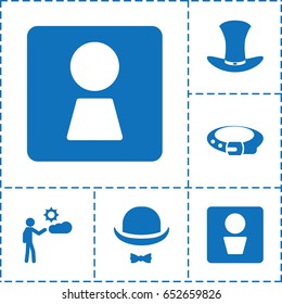 Gentleman icon. set of 6 gentleman filled icons such as man wc, woman wc, belt, man, hat and moustache