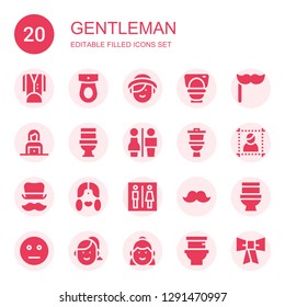gentleman icon set. Collection of 20 filled gentleman icons included Tuxedo, Toilet, Woman, Mustache, Restrooms, Portrait, Top hat, Neutral, Bow tie