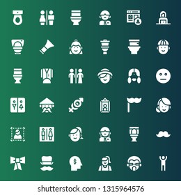 gentleman icon set. Collection of 36 filled gentleman icons included Man, Woman, Profile, Top hat, Bow tie, Mustache, Toilet, Portrait, Couple, Restroom, Neutral, Tuxedo, Barber