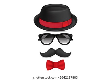 Gentleman icon set with fedora hat, sunglasses, mustache, and red bow tie in classic style.