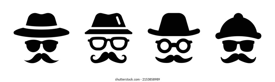 Gentleman icon set. Man wear glasses with hat and mustache icon in black design.