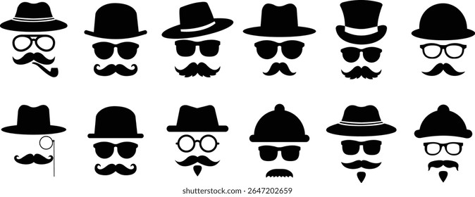 Gentleman icon set. Man wears glasses with hat and mustache black vectors design. Secret agent icon in a hat and glasses mustache isolated on transparent background. Vector illustration.