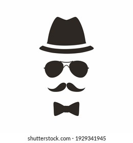 Gentleman icon. Unknown man with a mustache in the hat, sunglasses and bow.
