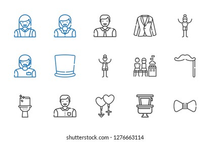 gentleman icons set. Collection of gentleman with bow tie, toilet, couple, man, mustache, men only, woman, top hat, suit. Editable and scalable gentleman icons.