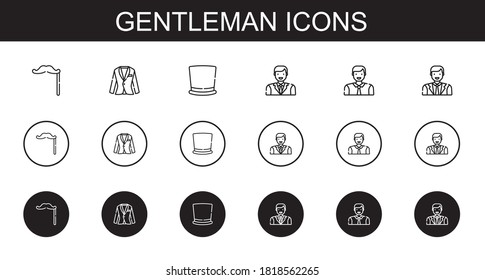 gentleman icons set. Collection of gentleman with mustache, suit, top hat, man. Editable and scalable gentleman icons.