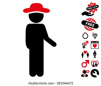 Gentleman Idler icon with bonus decorative clip art. Vector illustration style is flat iconic intensive red and black symbols on white background.