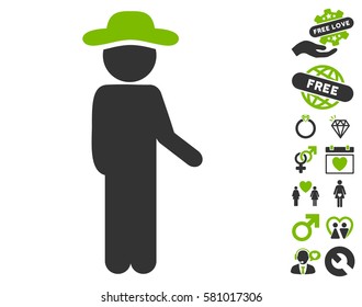Gentleman Idler pictograph with bonus romantic clip art. Vector illustration style is flat iconic eco green and gray symbols on white background.