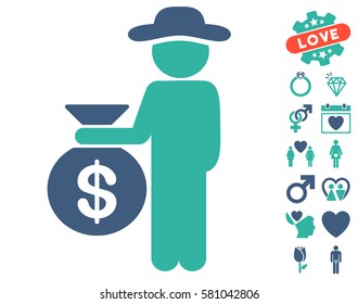 Gentleman Investor pictograph with bonus love pictograph collection. Vector illustration style is flat iconic cobalt and cyan symbols on white background.