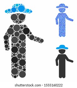 Gentleman invitation composition of round dots in variable sizes and color hues, based on gentleman invitation icon. Vector round dots are organized into blue composition.