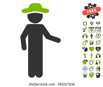 Gentleman Invitation icon with bonus lovely symbols. Vector illustration style is flat iconic eco green and gray symbols on white background.
