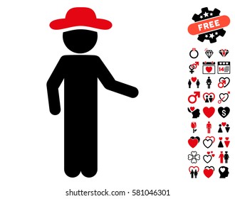 Gentleman Invitation pictograph with bonus decoration graphic icons. Vector illustration style is flat iconic intensive red and black symbols on white background.
