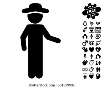 Gentleman Invitation pictograph with bonus marriage symbols. Vector illustration style is flat iconic black symbols on white background.