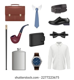 Gentleman items. Stylish fashioned items for luxury persons decent vector realistic template