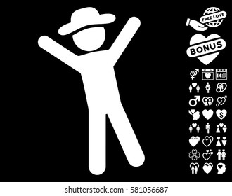 Gentleman Joy icon with bonus valentine clip art. Vector illustration style is flat iconic white symbols on black background.