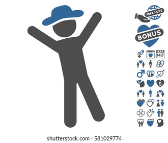 Gentleman Joy pictograph with bonus love design elements. Vector illustration style is flat iconic cobalt and gray symbols on white background.