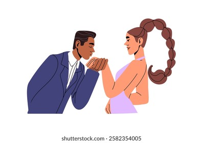 Gentleman kisses hand of gorgeous lady in elegant dress. Mannered man greeting his woman with respect. Happy couple welcoming on romantic date. Flat isolated vector illustration on white background