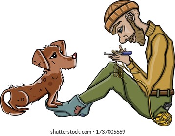 gentleman knitting on the carpet with a dog 02