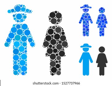 Gentleman and lady composition of filled circles in variable sizes and color tinges, based on gentleman and lady icon. Vector filled circles are grouped into blue illustration.