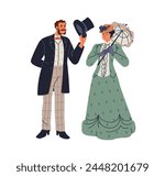 Gentleman and lady dressed in 18th and 19th century clothes. Aristocrats, noble people in historic victorian era. Nobleman greeting noblewoman. Flat vector illustration isolated on white background