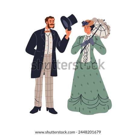 Gentleman and lady dressed in 18th and 19th century clothes. Aristocrats, noble people in historic victorian era. Nobleman greeting noblewoman. Flat vector illustration isolated on white background