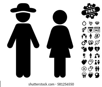 Gentleman And Lady icon with bonus romantic clip art. Vector illustration style is flat iconic black symbols on white background.