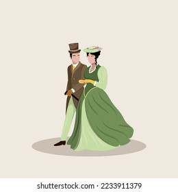 Gentleman and lady on a walk. Clipart vector illustration.