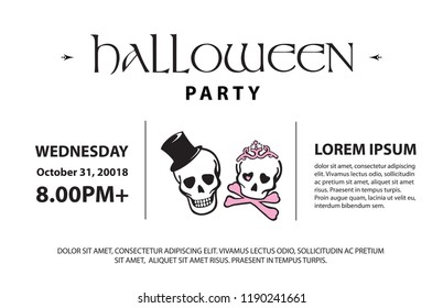 Gentleman and lady skeleton. Smile sculls with had hat and princess crown. Halloween theme event invitation template