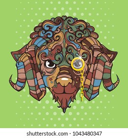 Gentleman line art face of sheep, ram with horns and monocle, vector cartoon illustration isolated on pop art abstract background 