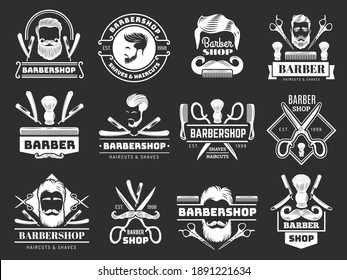 Logo de Caballero. Artículos de Barbería tijeras cepillo de peine de cuchilla secador de pelo recientes etiquetas vectoriales