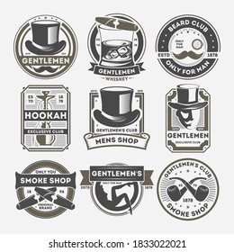 Gentleman Logo Set. Isolated Vintage Man Shop Or Club Icons. Retro Fashion Badge Collection With Hat, Moustache, Cigar, Smoking Pipe. Gentleman Logo Vector Illustration