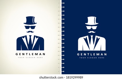 Diseño vectorial del logo de Caballero. sombrero superior, gafas y bigote.