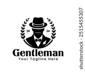 Gentleman logo vector template featuring a modern businessman in a hat and beard, perfect for vintage or luxury branding. Ideal for dark backgrounds. Emblem design for professional, stylish identity