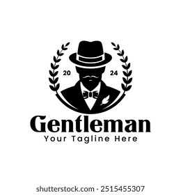 Gentleman logo vector template featuring a modern businessman in a hat and beard, perfect for vintage or luxury branding. Ideal for dark backgrounds. Emblem design for professional, stylish identity