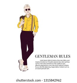 Gentleman look Vector illustration. Cool business elegant outfit. Boss wearing smart street style clothes fashion sketch