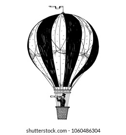 Gentleman looks in telescope in a basket of air balloon. Vintage aerostat transport vector illustration. Scratch board engraving style imitation. Black and white hand drawn image.