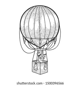 Gentleman looks in telescope in basket of air balloon. Vintage aerostat transport sketch vector illustration. Tee shirt apparel print design. Scratch board engraving style imitation.