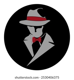 Gentleman mafia logo isolated round black and white background gangster spy with suit detective style mafia bos with fedora hat and butterfly tie