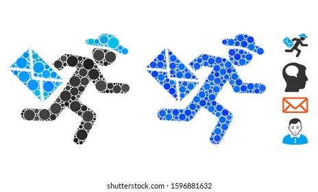 Gentleman mail courier composition of filled circles in different sizes and color tints, based on gentleman mail courier icon. Vector random circles are grouped into blue composition.