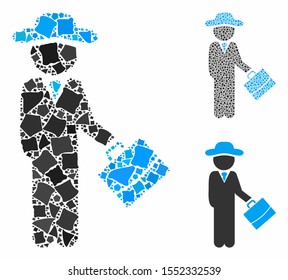 Gentleman manager composition of unequal pieces in different sizes and color tinges, based on gentleman manager icon. Vector raggy pieces are combined into collage.